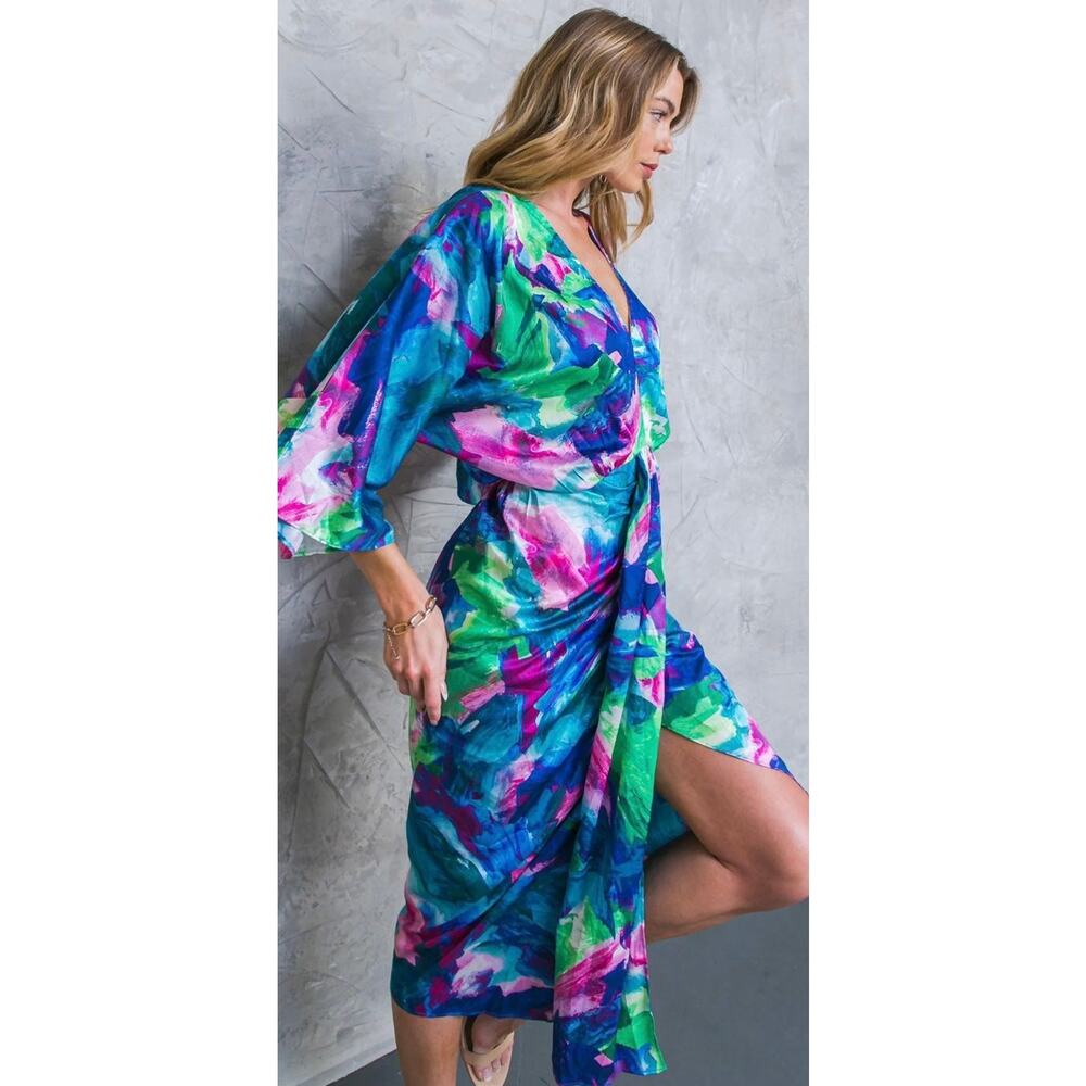 Flying Tomato On The Horizon Satin Midi Brushstroke Dress sz S - Picture 5 of 5